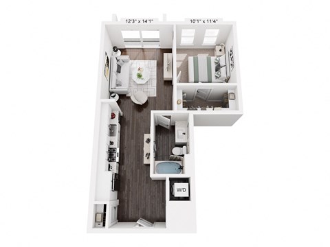 Floor plan for 1 bed, 1 bath, 684 sqft